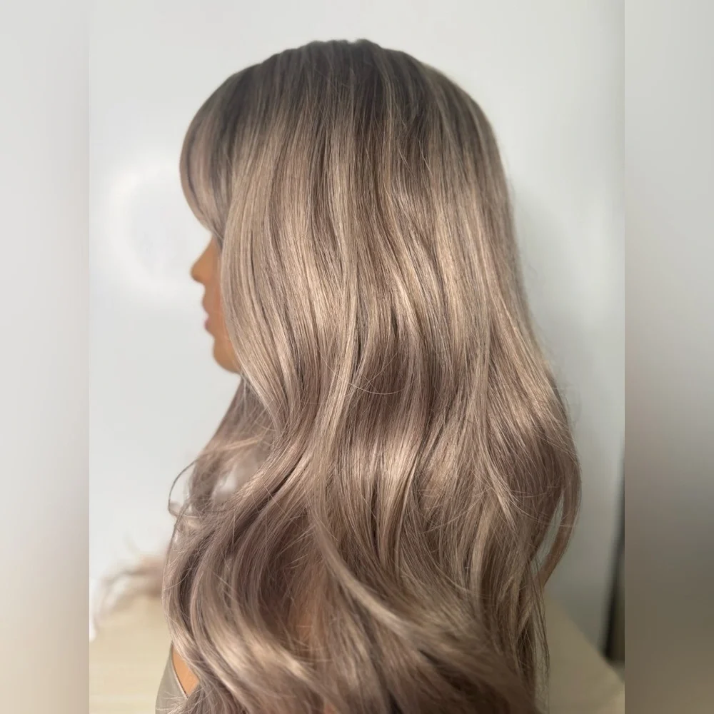 Long Wavy Ash Brown Balayage Silver lilac Wig – Curtain Bangs, Classic